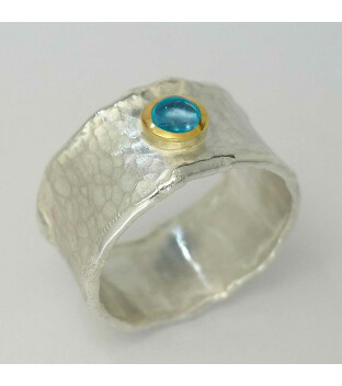 Handgeschmiedeter Ring bicolor Silber mit Gold und blauem...